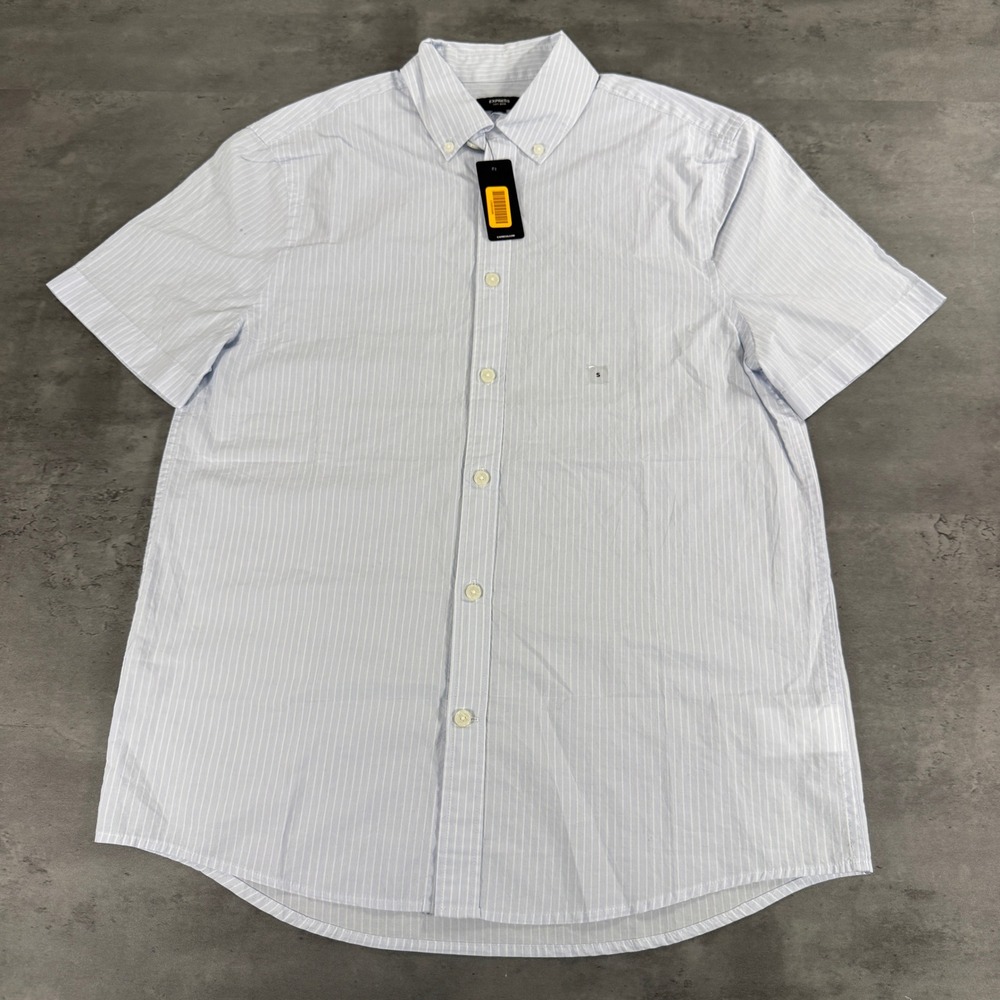 Express Button Down Mens S Light Blue Striped Soft Wash Short Sleeve Shirt Prep